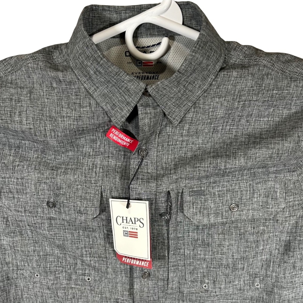 Chaps Mens Performance Woven Shirt Charcoal Grey Short Sleeve Button Down M New